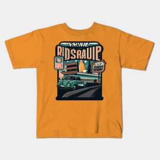 A graphic that captures the vintage vibe of a classic road trip, complete with iconic roadside attractions and retro typography. Kids T-Shirt